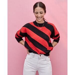 CLARE V. DROP Cotton Cashmere SHOULDER SWEATER BLACK/POPPY Stripe Size Large